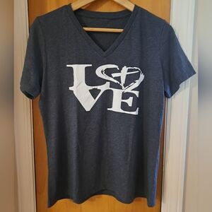 Gray V-Neck T-Shirt with White Love Graphic
